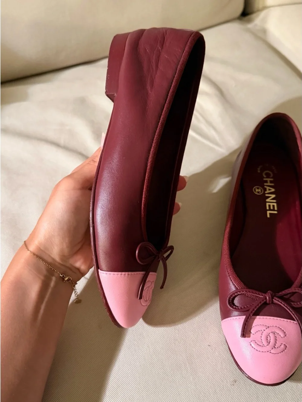 Chanel Two-Tone Pink & Burgundy Cap-Toe Ballet Flats - Picture 7 of 10